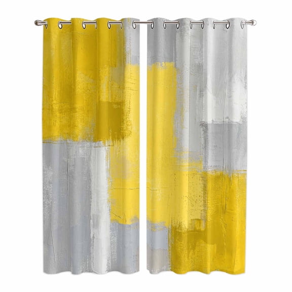 Yellow Abstract Kitchen Curtains Window Panels, Grey Geometric Oil Painting Vintage Gradient Insulated Window Treatment Curtain, Grommet Curtains for Bedroom/Living Room/Bathroom, 2 Piece 42"Wx84"L