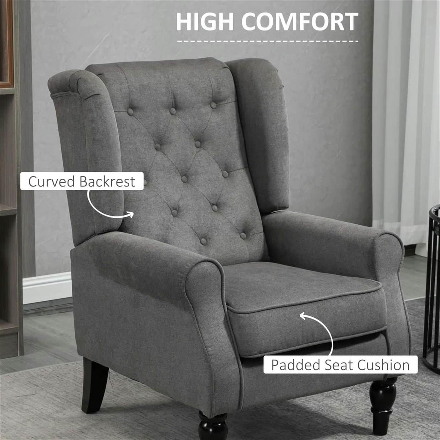 Demi Bonn 40" Modern Upholstered Armchair with High Back Button Tufted, Mid-Century Retro Wood Leg Chair for Living Room, Bedroom, Dark Gray