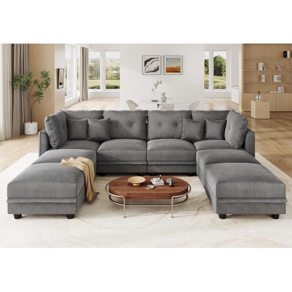 LLappuil Modular Sectional Sofa, 8 Seat Corduroy Sectional Sofa with Storage, 6 Back Cushion 6 Throw Pillow Gray