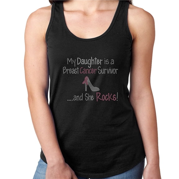 Womens T-Shirt Rhinestone Bling Black Tee Daughter Breast Cancer Survivor Tank Racer Back XX-Large