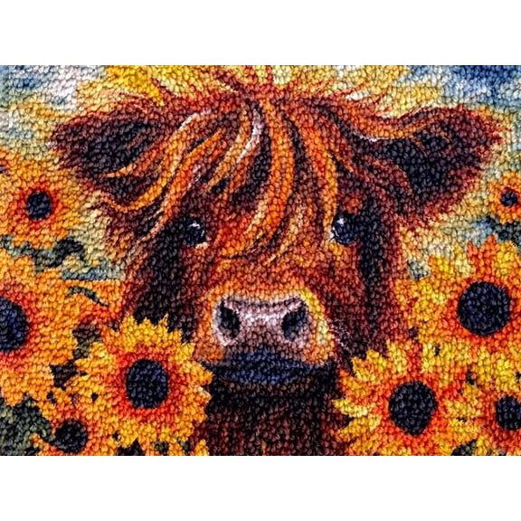 Highland Cow & Sunflowers Latch Hook Kits Rug DIY Cushion Tapestry Making Crochet Hook Mat Making Kits Color Preprinted Pattern Canvas DIY Carpet Needlework Crochet Kits 52x38cm (d99-117)
