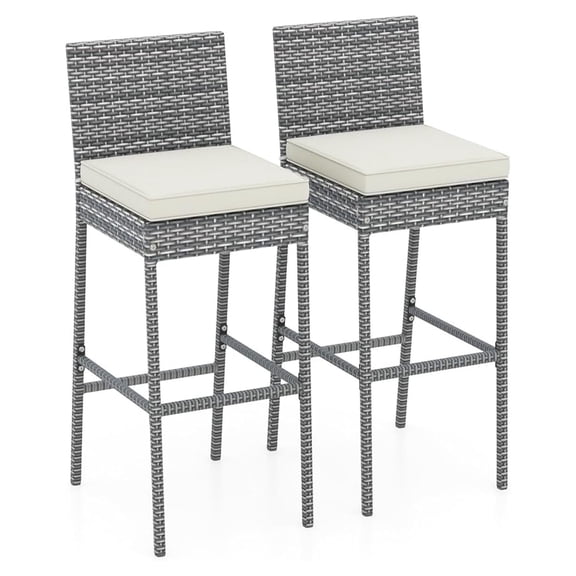 Outdoor Bar Stools Set of 2 - Wicker Rattan Patio Barstools Tall Chairs w/Back, Footrest, Seat Cushions & Metal Frame, 400LBS Weight Capacity, 30’’ Counter Height Bar Stools (1, Grey)