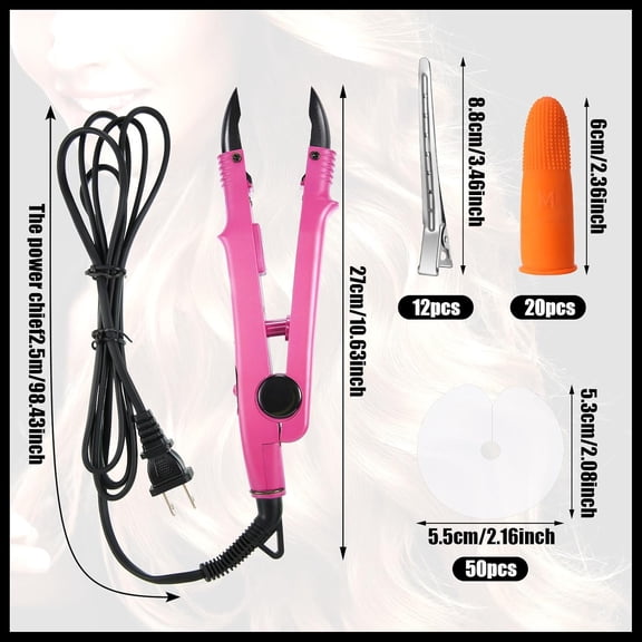 WEIF-Fusion Hair Extension Tool Kit: Heat Iron, Glue Granules, Templates, Clips, and Finger Protectors (Pink)