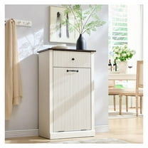 Modern Tilt-Out Trash Can Cabinet, 10 Gallon Fluted Laundry Hamper Cabinet with Drawers, Wooden Garbage Can Cabinets with Storage Basket, Free Standing for Kitchen and Living Room, White