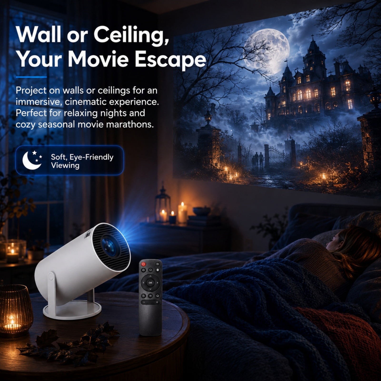 Panefright Halloween Window Projector, Bluetooth and Wifi Capabilities, Flexible 180° Projection and Automatic Image Calibration, HD Input Support with Built-In Audio, Suitable for Halloween