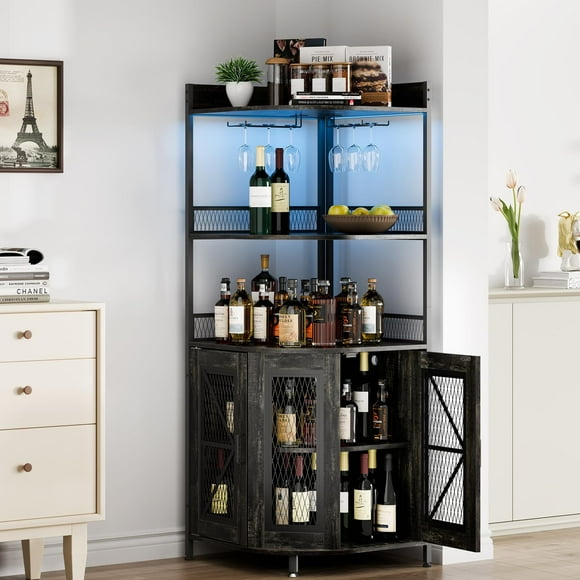BeesClover Corner Bar Cabinet With Power Outlet and LED Strip, Industrial Tall Wine Liquor Cabinet With Storage and Adjustable Shelves, 5-Tiers Lighting Corner Display Bar Unit for Home Small Space