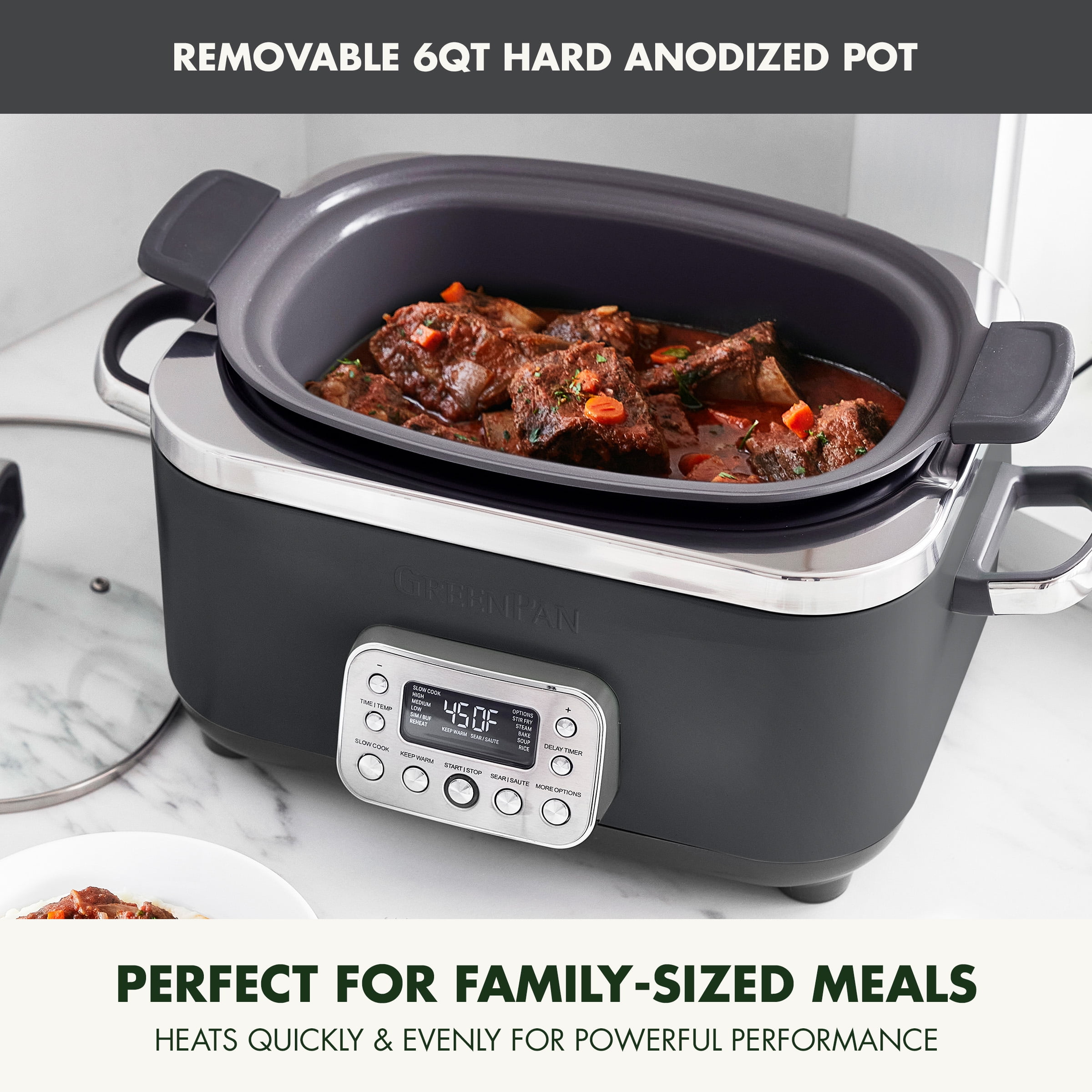 GreenPan 6-Quart, 14-in-1 Slow Cooker, Family Size, Ceramic Nonstick, Dishwasher Safe Parts, Graphite