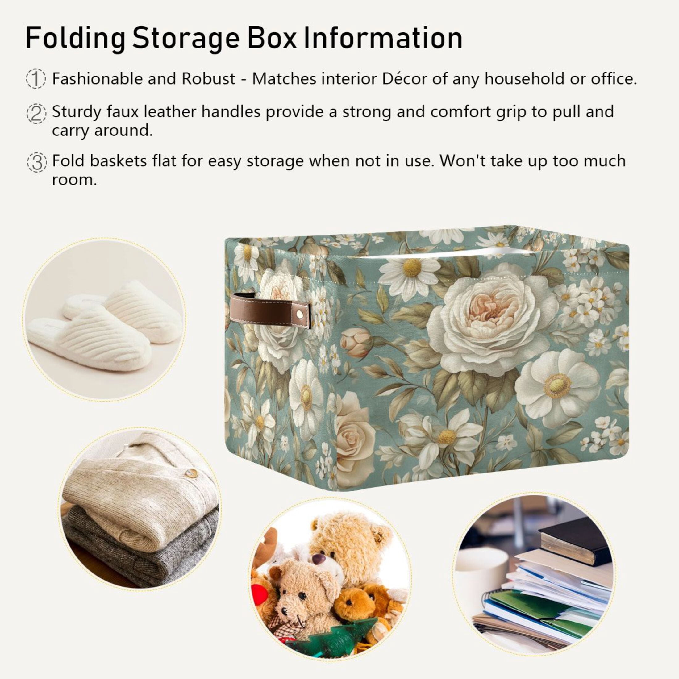 Vintage Floral Pattern Foldable Storage Basket,Canvas Fabric Foldable Storage Bins with Handles Open Home Storage Bins Boxes for Toy Book Shelf Closet Baskets