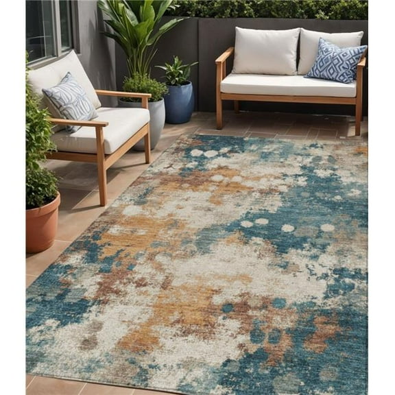 HomeRoots 631976 5 x 8 ft. Teal Blue & Copper Abstract Washable Indoor & Outdoor Rectangle Area Rug