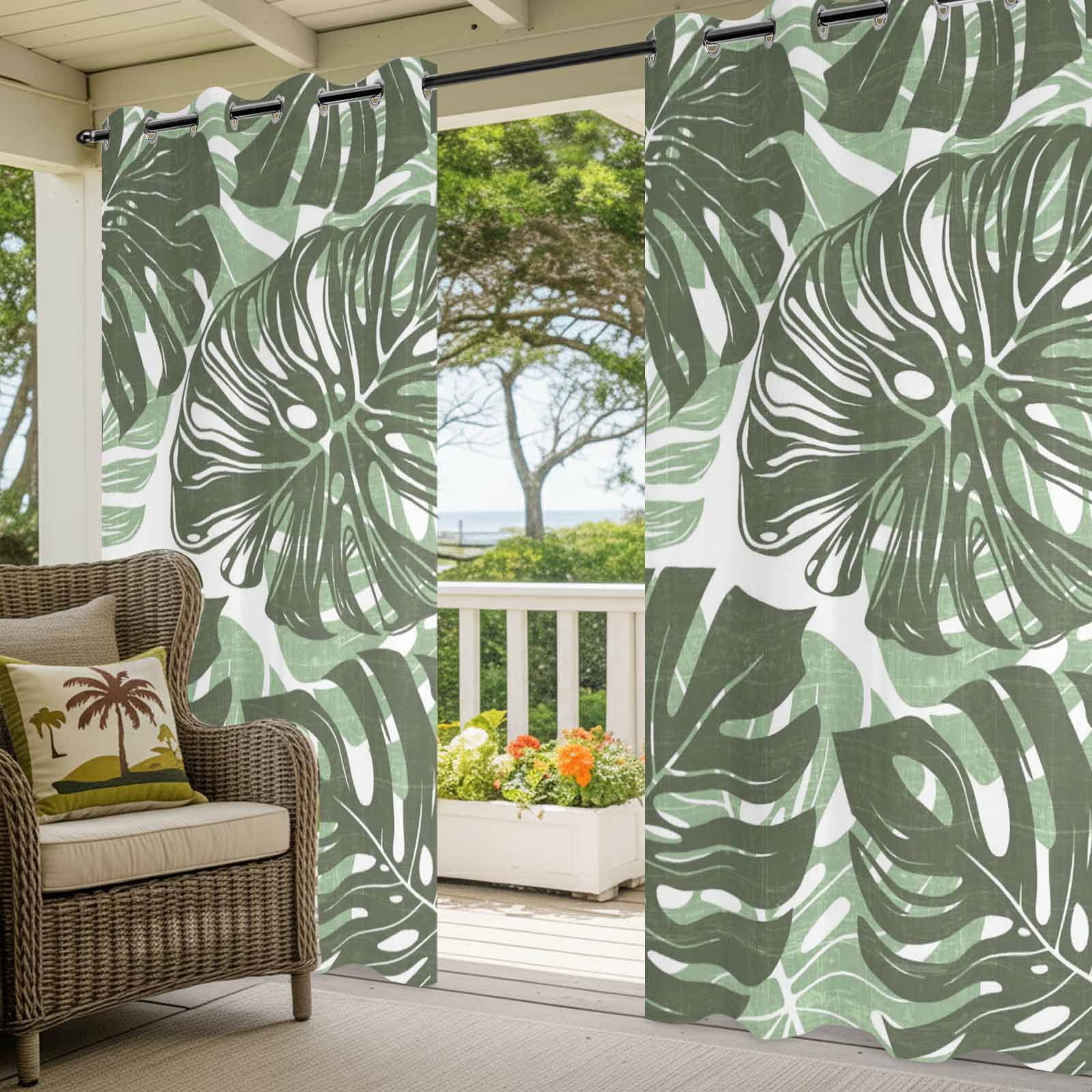 Olive Green Monstera Outdoor Curtains 1 Panel Summer Botanical Tropical Plant Rustic Waterproof Weatherproof Privacy Curtain Thermal Outside Drape for Porch Pergola Patio 54 x 108 Inch