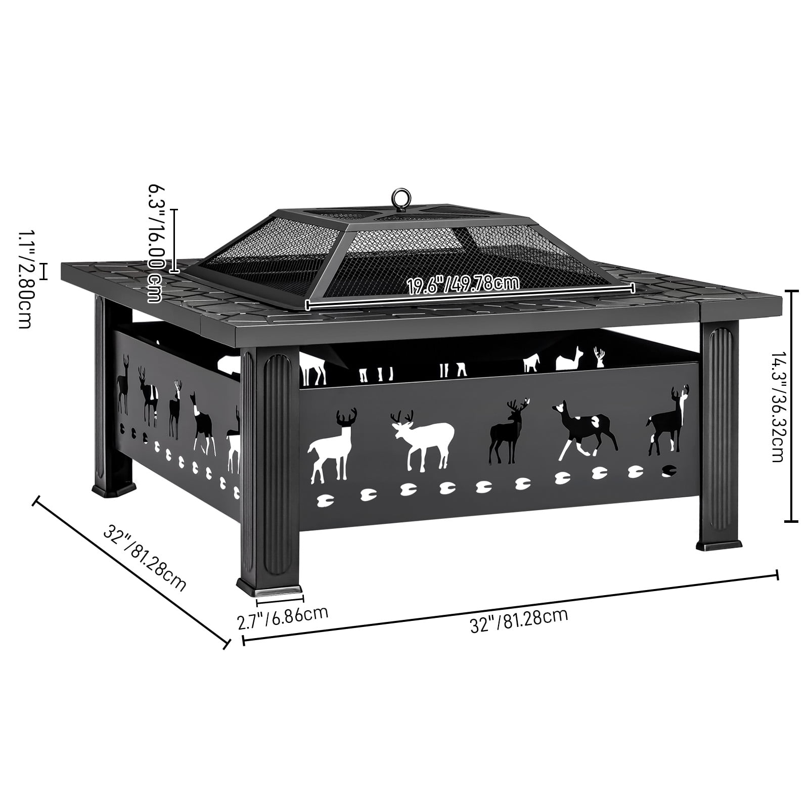 32 Inch Square Outdoor Wood Burning Fire Pit Table, Heavy Duty Wrought Iron Firepit with Pyramid Spark Screen Lid & Fire Poker, Decorative Elk Cutout Patio Fire Pit for Backyard, Garden, Lawn