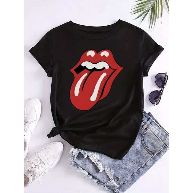 Camiseta con gráfico de Rock Band, estampada, cuello redondo, manga corta, ropa casual para el día a día, ropa de mujer