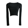 thumbnail image 2 of Women\'s Basic Long Sleeve Cropped Top Casual Stretch Sexy Scoop Neck Rib Slim Fit Cropped Streetwear (Black, S), 2 of 4