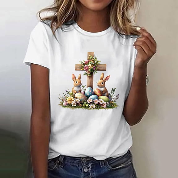 Hfnxid Easter Tops for Women Colorful Eggs Printed Short Sleeve Shirt Fashion Lightweight Tunic Shirt Cross Graphic Holiday Tee Multicolor S