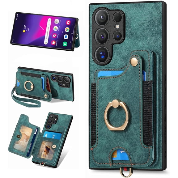 ZUKKASHAN for Samsung Galaxy S24 Ultra Case with Card Holder for Woman Man,PU Leather Flip Folio Wallet Case,RFID Blocking Ring Holder Kickstand Wrist Strap Magnetic Protective Cover for Galaxy S24 Ul
