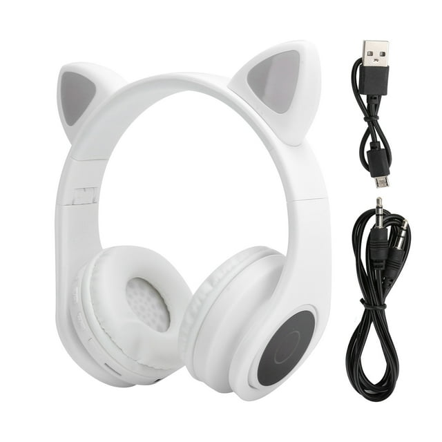 Auriculares Bluetooth 5.0 con reducción de ruido LED y forma de oreja de gato, con micrófono para jóvenes, color blanco