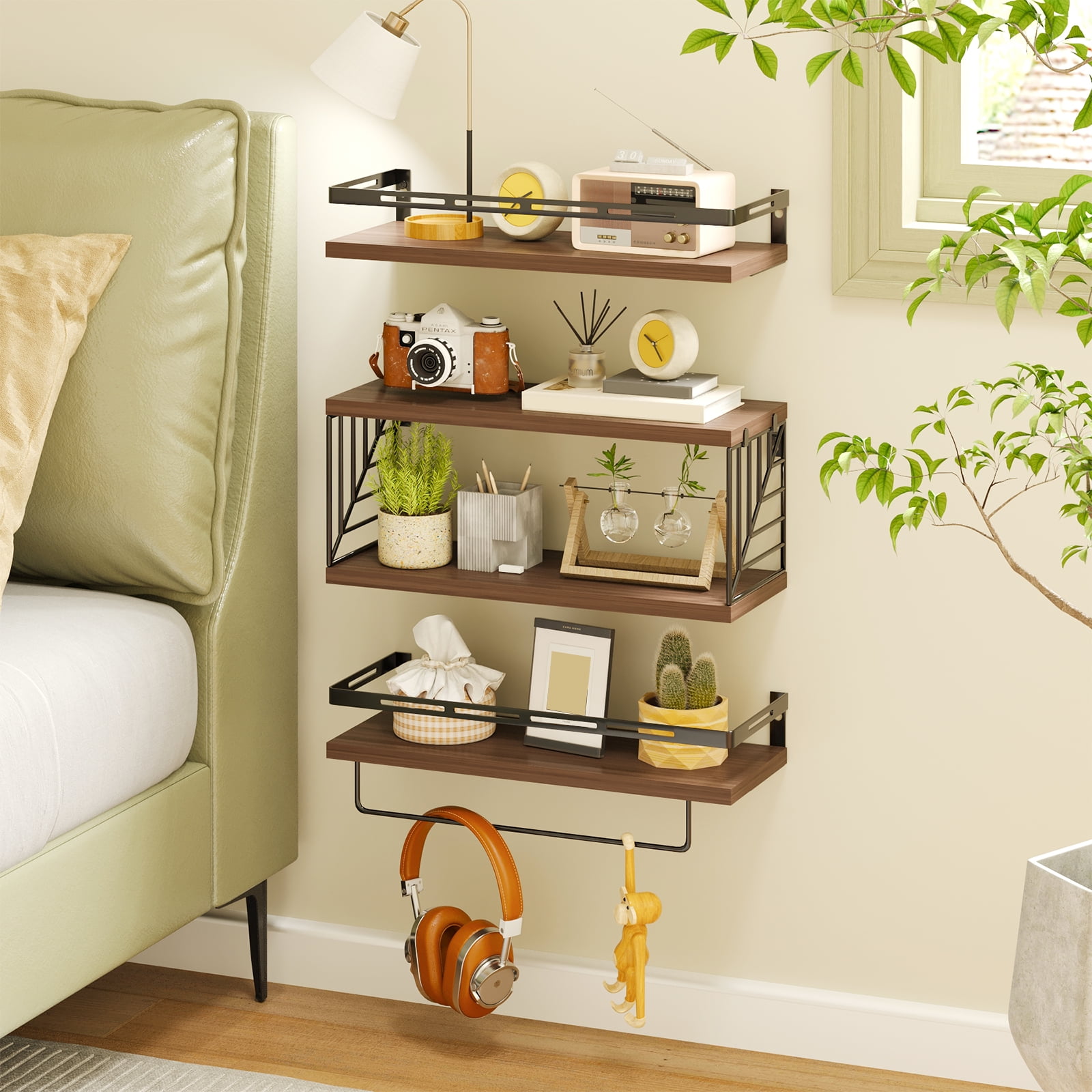 Fairy 4pcs Bathroom Floating Shelves Over Toilet, Wall Shelves with Towel Bar for Bathroom, Living Room (Dark Brown)