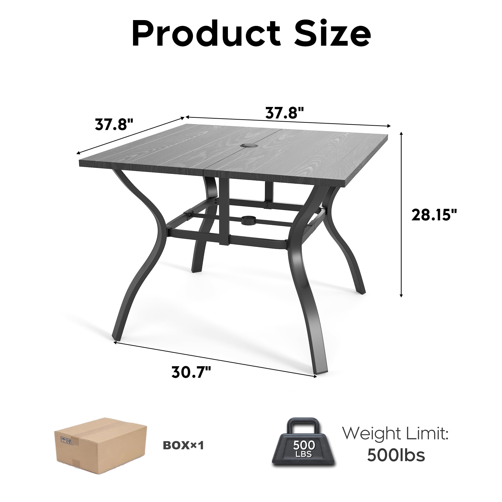 Vintage Wood Grain Metal Patio Table 37.8 Inch Square with Umbrella Hole, Sturdy Steel Frame Rust-Resistant Easy Clean for Backyard Garden Deck Porch, Black