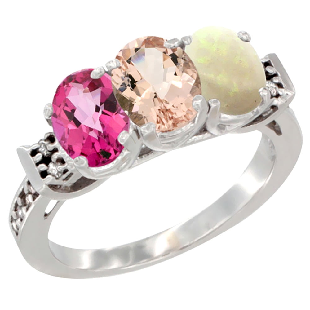 10K White Gold Natural Pink Topaz, Morganite & Opal Ring 3-Stone Oval 7x5 mm Diamond Accent, sizes 5 10 by WorldJewels