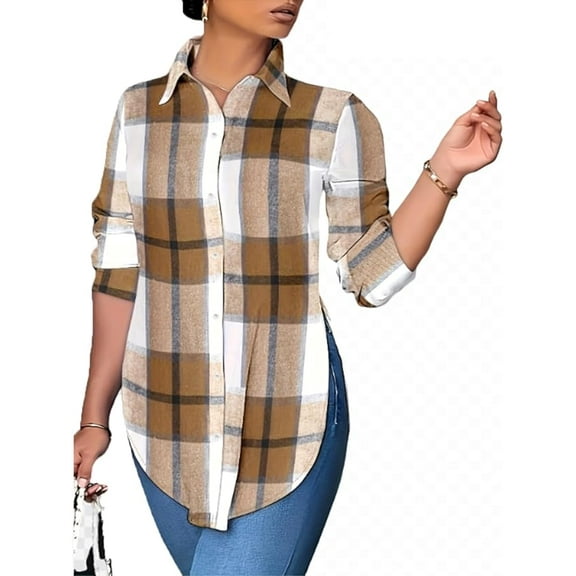 Women's Plus-Size Fashion Casual Shirt, Plaid Print Side Slit Long-Sleeved Button-Down Lapel Slight Stretch Shirt top