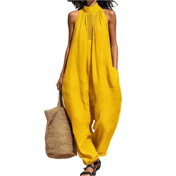 JULMCOMO Cotton Linen Jumpsuits for Women Collared Sleeveless Loose Fit Overalls Halter Eyelet Detail Casual Harem Pants with Pockets Yellow L