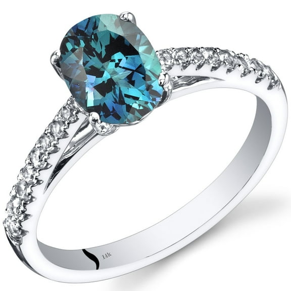 PEORA Created Alexandrite and Genuine White Topaz Ring for Women 14K White Gold, 1.50 Carats Oval Shape 8x6mm, Size 7