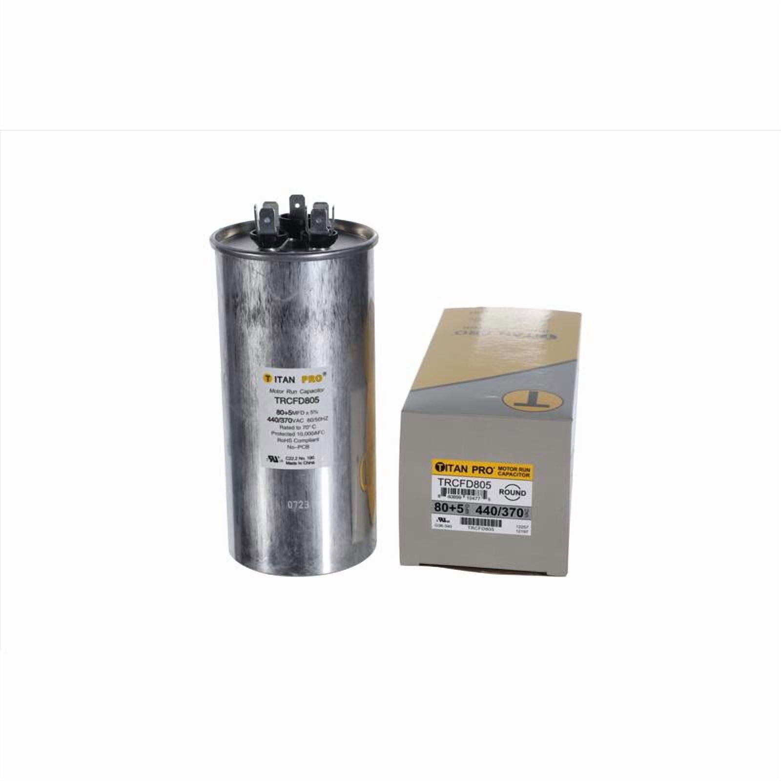 Packard Titan Pro Run Capacitor, Round, 80+5 Mfd, 370V-440V, TRCFD805