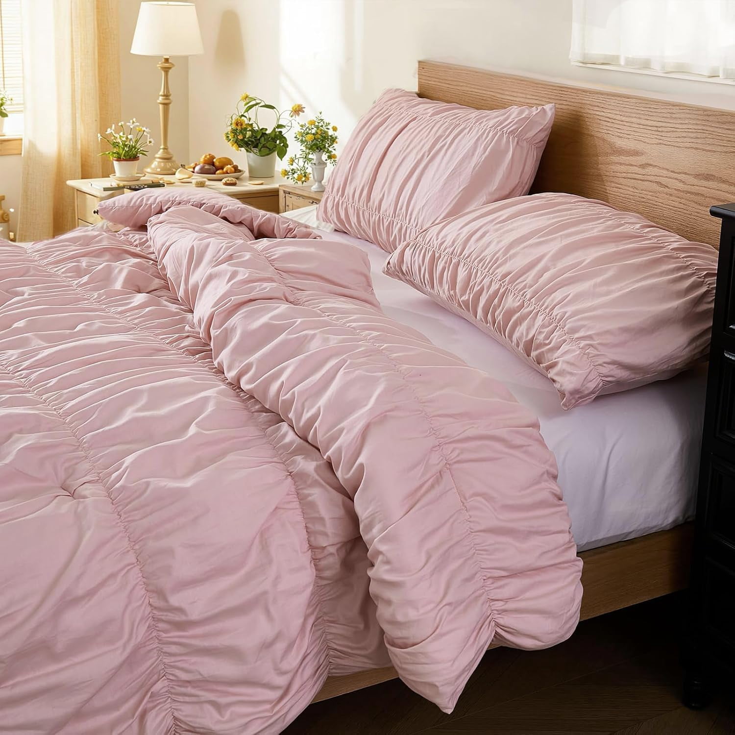 100% Cotton Pink Wrinkle Duvet Cover Set King Size,Ruched Bedding Comforter Cover,Shabby Chic Ruffled 3 Pcs Queen Duvet Cover Set,Bohemian Boho Bedding Set with 1 King Duvet  Cover 2 Pillowcases