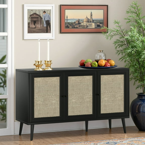 MAYEERTY Black 47*15*28"Rattan-Fronted Sideboard Cabinet with 3 Doors for Dining Room & Entryway Storage