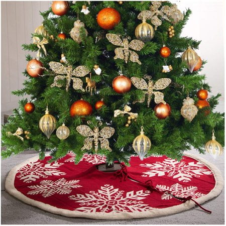 Glitzhome Jupe de Sapin de Noël Tricotée Rouge 48 Pouces" avec Motif Flocon de Neige pour Décoration de Fête d'Hiver (Flocon de Neige Blanc)