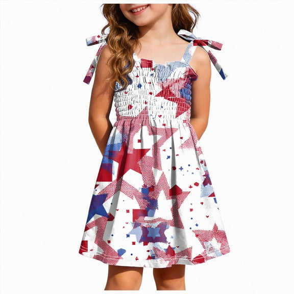 Xudanell Girls 4th of July Dress Toddler Butterfly USA Sundress Stars Stripes Dresses Kids Patriotic Clothes 2-8 Years (Red, 4-5 Years)