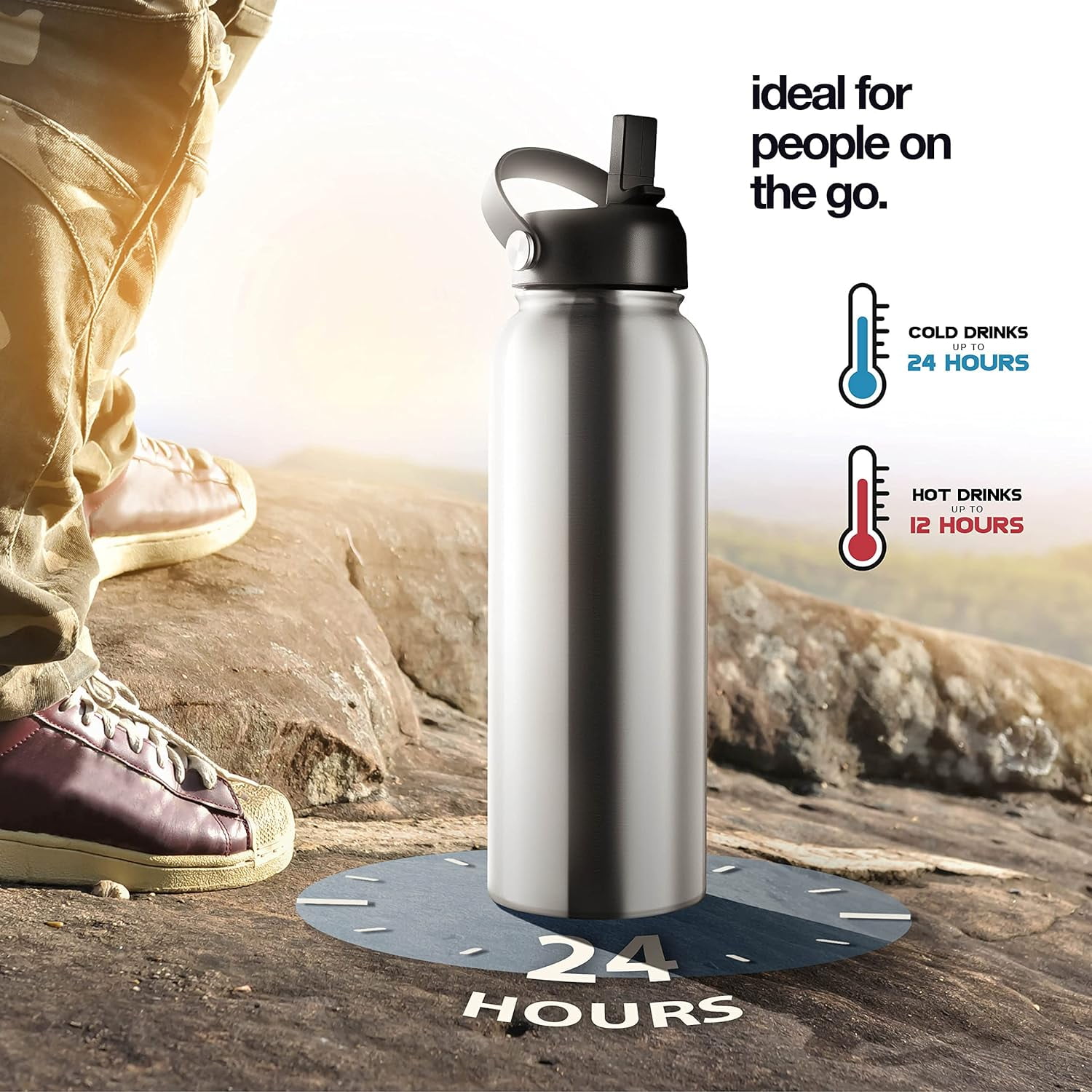 Brewberry Stainless Steel Sports Bottle and Travel Mug for Hot and Cold Beverages, Wide Mouth, Double Wall Insulated Hydration Sports Water Bottle for Hiking, Biking, and Activities, 40 oz BPA Free