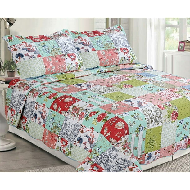 3Piece Soft Light weight Cottage Patchwork Bedspread Quilt Set,Queen