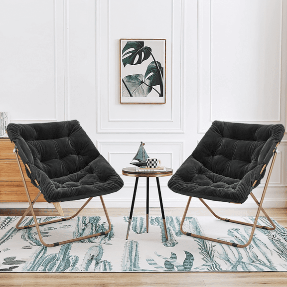 Magshion Set of 2 Saucer Chair Soft Faux Fur Folding Accent Chair, Square Lounge Lazy Chair Moon Chair with Metal Frame for Bedroom Living Room, Black
