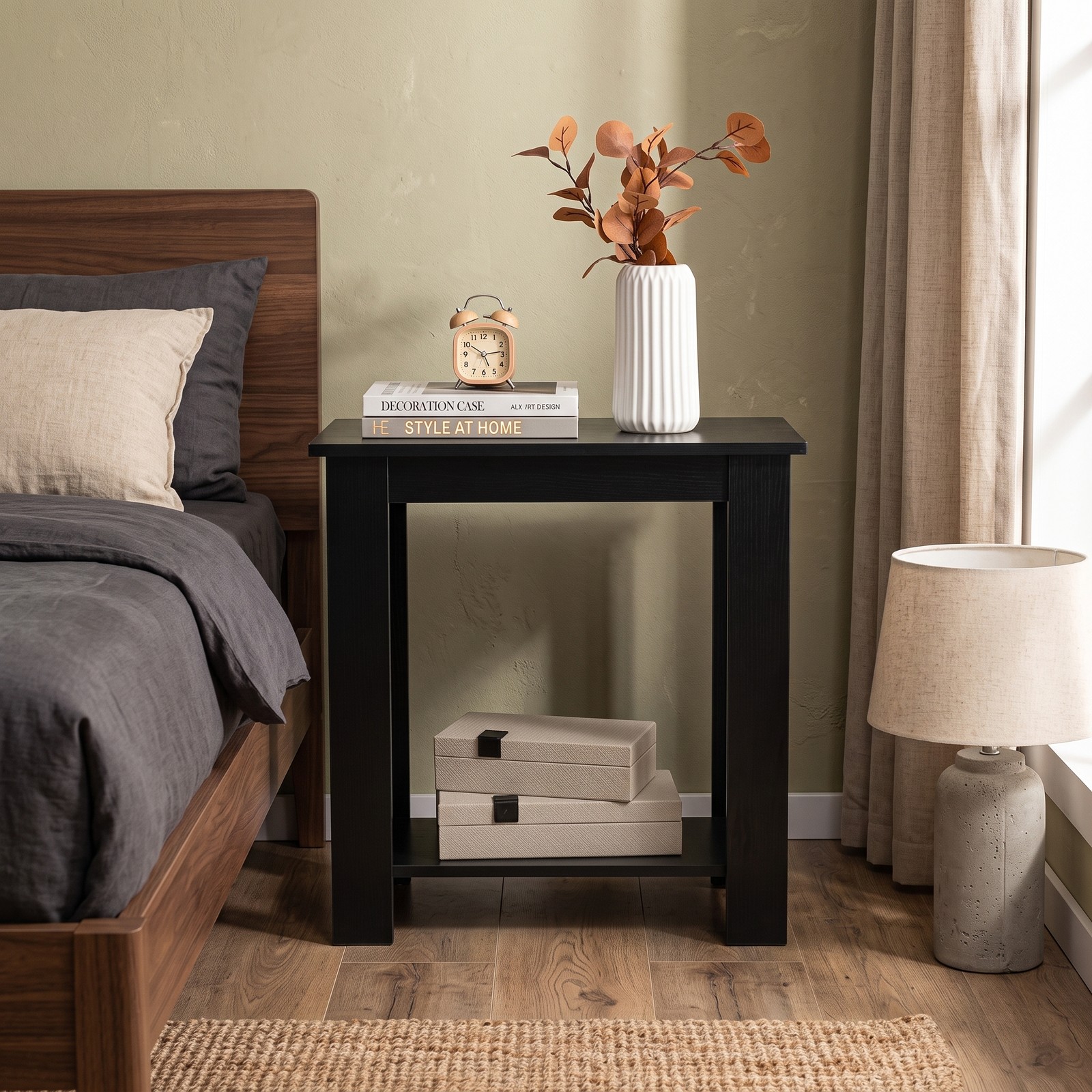 Furnibear 2-Tier Modern End Table with Storage Shelf, Compact Wooden Nightstand Sofa Side Table for Living Room Bedroom Small Spaces, Black