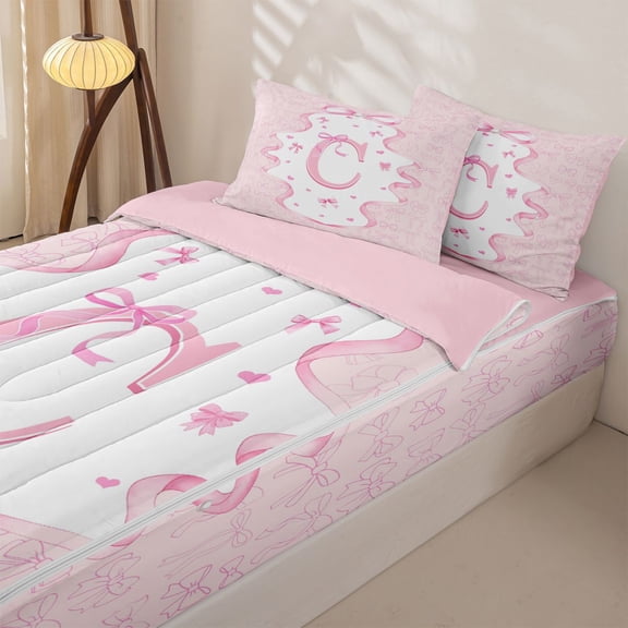 Homewish Cartoon Monogrammed C Zipper Twin Comforter Sets with Fitted Sheet and 2 Pillowcases for Kids, Fairy Ribbon Zipper Bedding Set, Pink, Pink Reversible, 4 Pieces