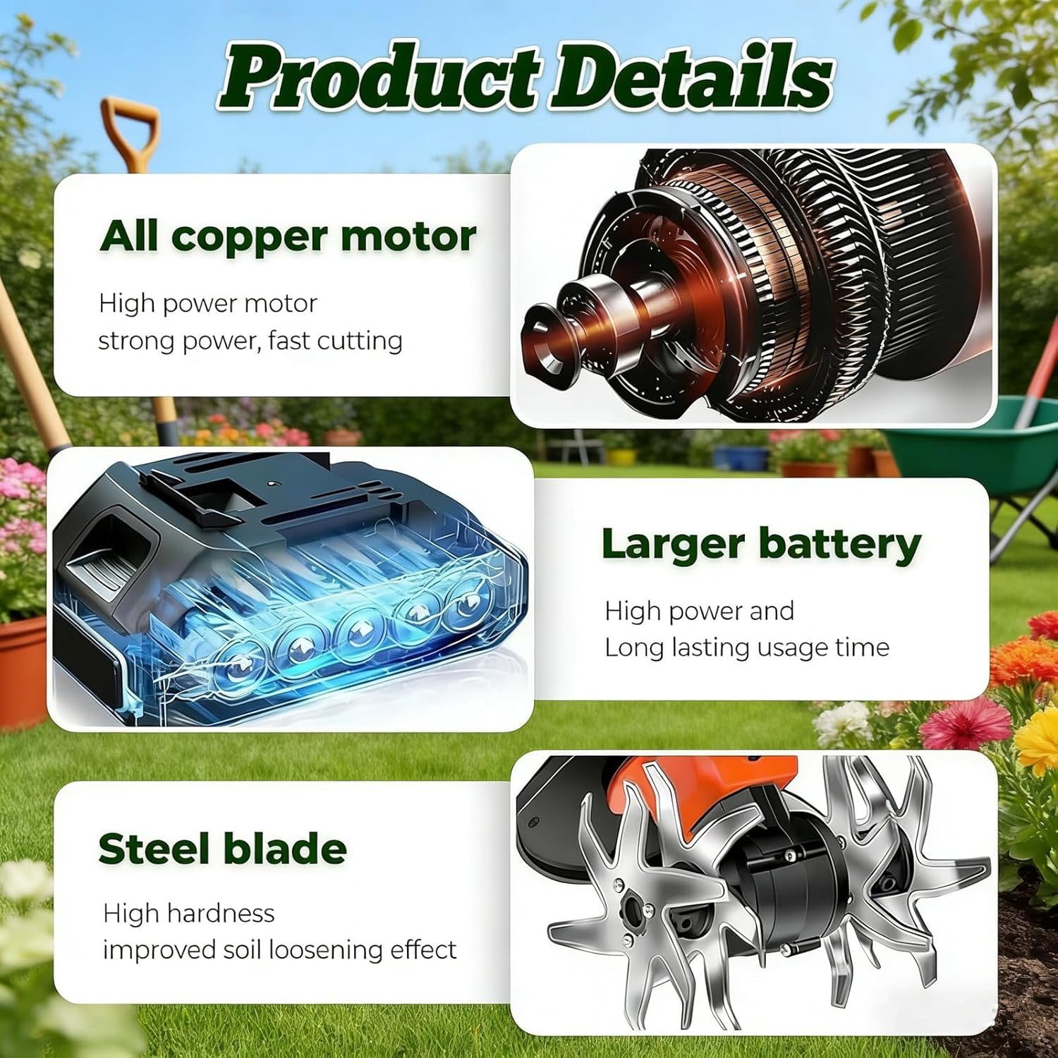 21V Cordless Mini Tiller Cultivator, Handheld Tilling Machine, Electric Garden Tiller, for Gardening, with 2 * 1.5Ah Batteries & Charger, 5In Tilling Width and 5In Depth Garden Rototiller (with Pole)