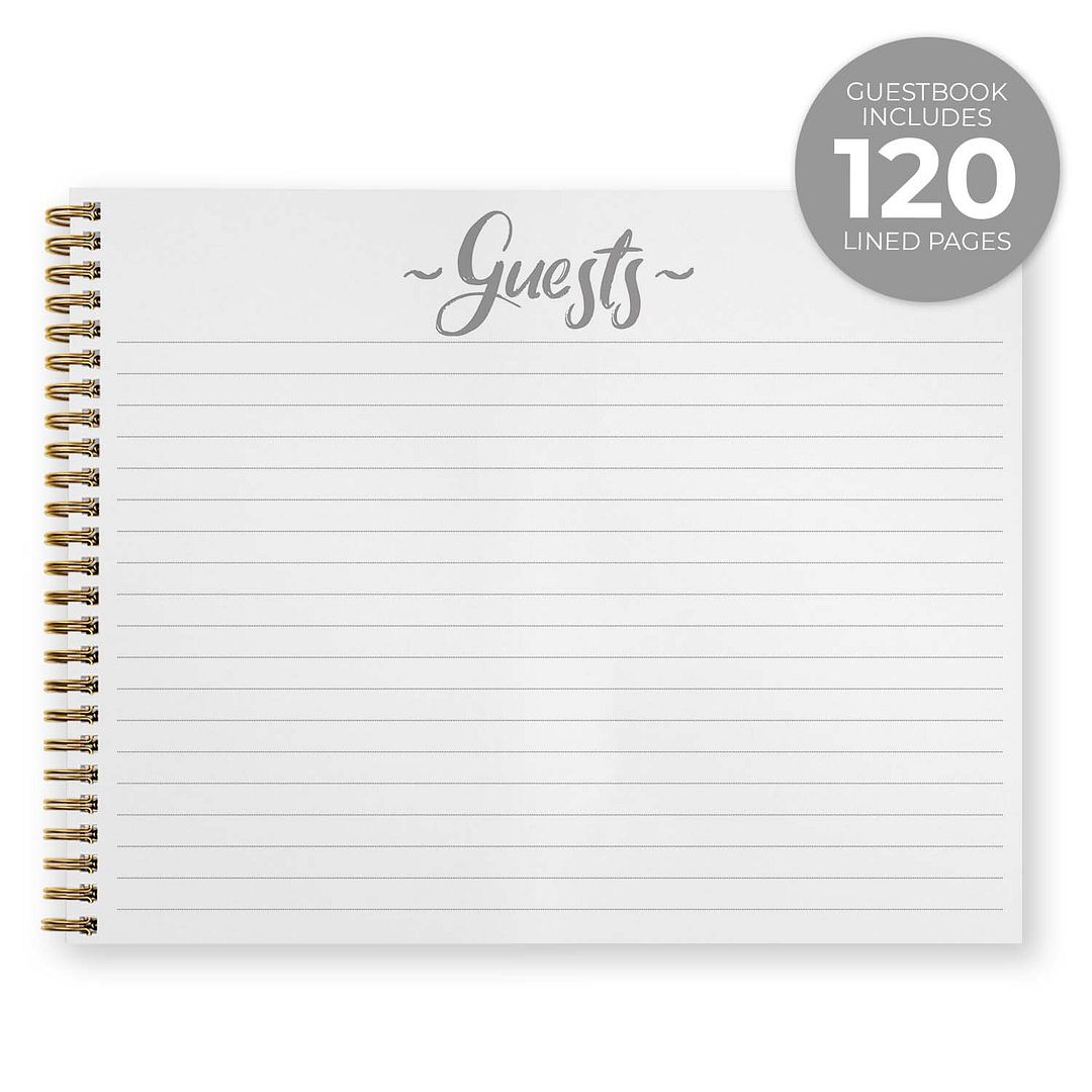 White Floral Wedding Hardcover Guestbook / 120 Lined Guest Signature Pages Inside / 11" x 8.5" Landscape Lay Flat Wedding Guest Book / Gold Metal Spiral Binding