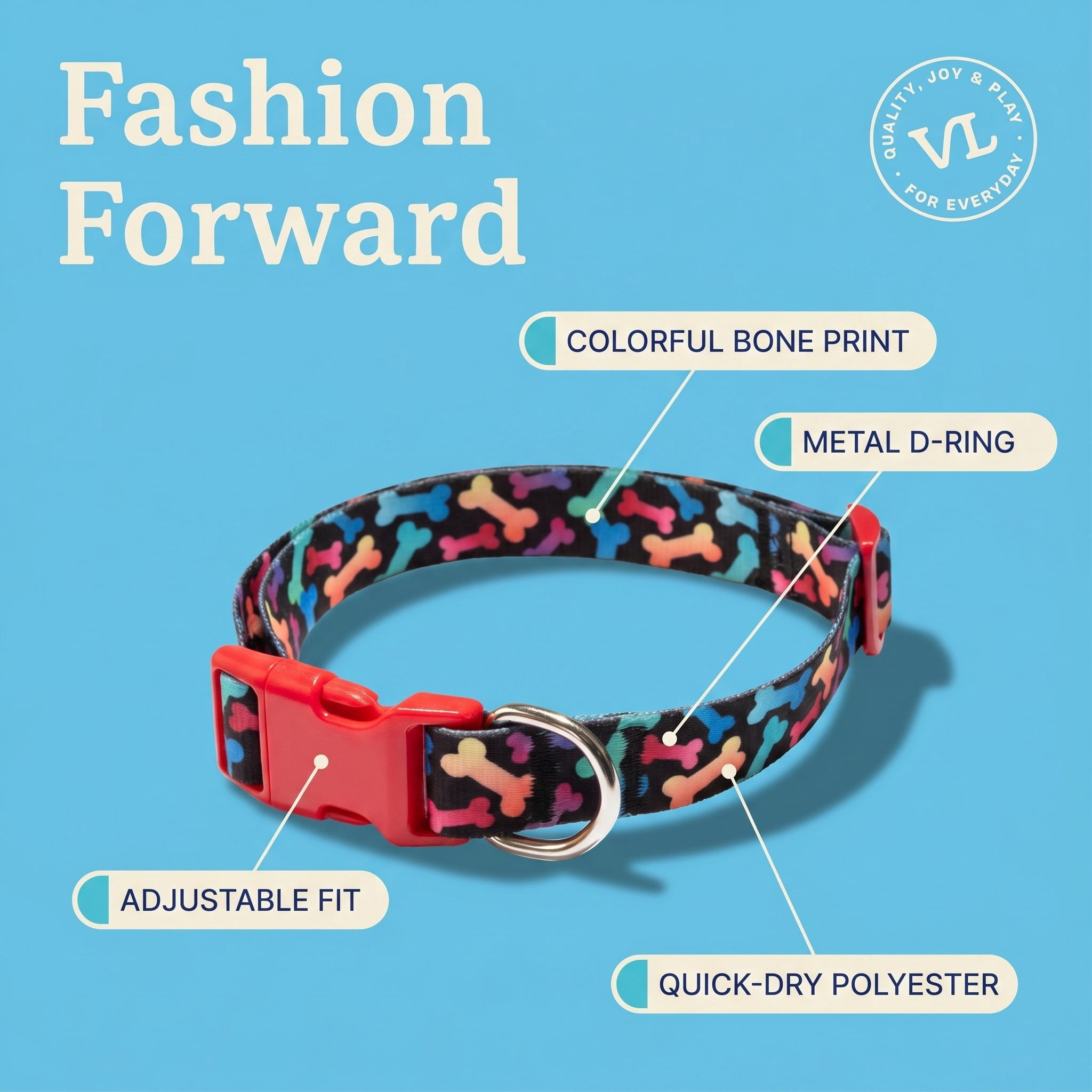 Vibrant Life Adjustable Fashion Dog Collar, Multicolor Bones, Small