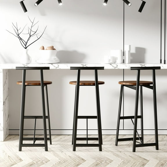 MAYEERTY Bar Stool Set of 3 - Counter Height with Back, Armless for Kitchen Island (Black & Walnut Brown)