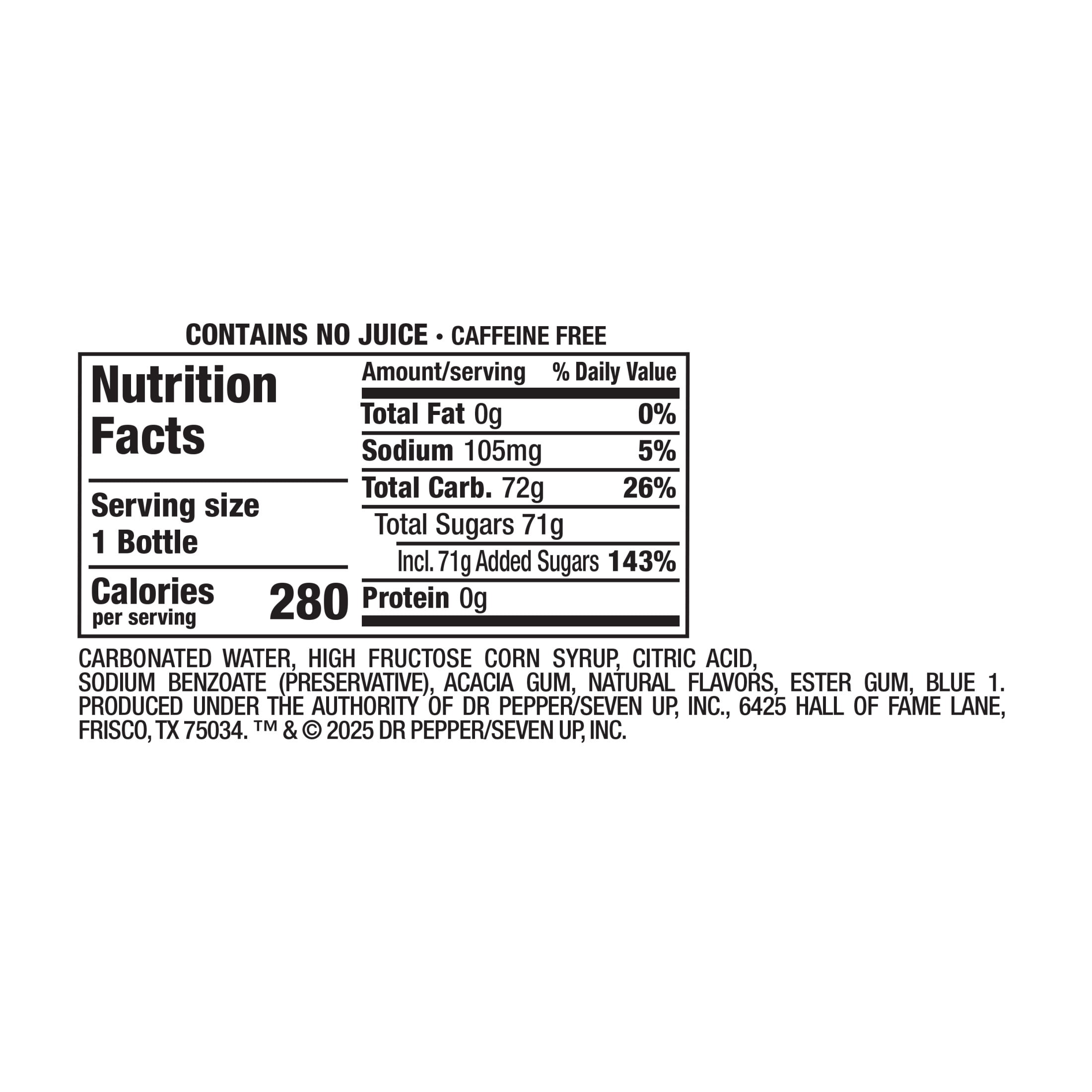 Crush Caffeine Free Back to the 80's Electric Blue Razz Soda Pop, 20 fl oz, Bottle