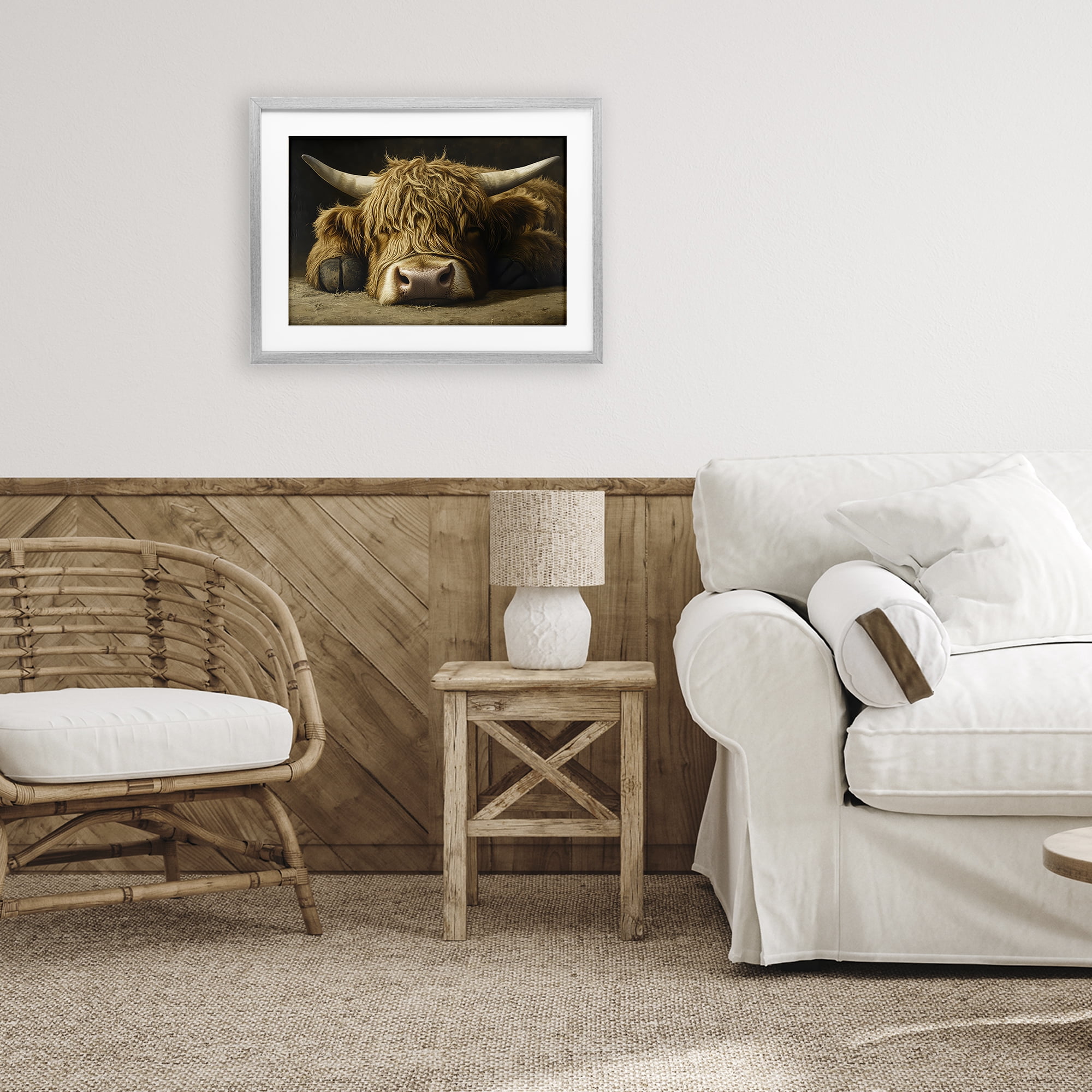 Stupell Industries Sleeping Highland Cow & Hoof Gray Framed Print Under Glass, design by The Wands Want
