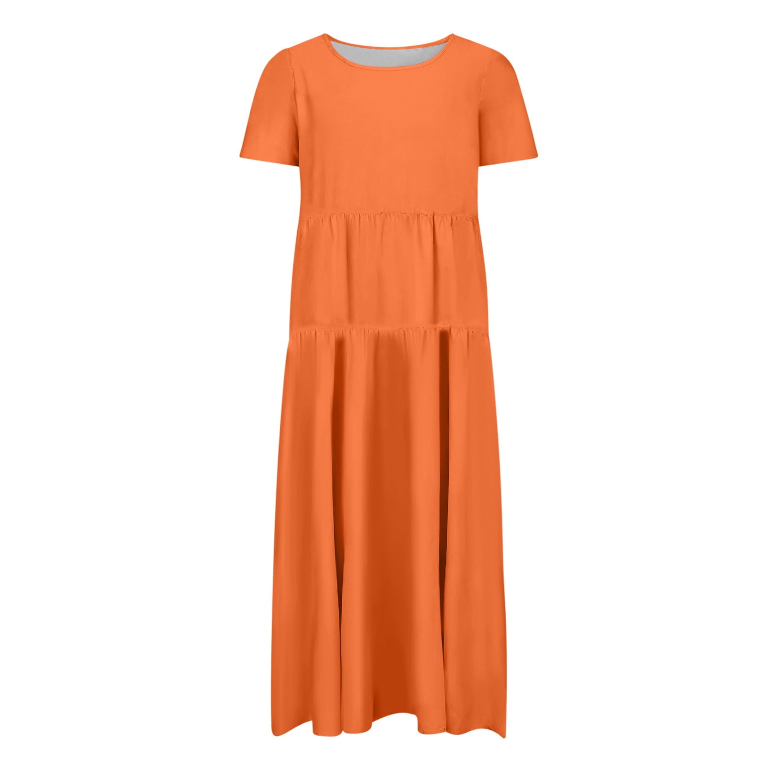 Hueook Casual Dresses for Women Women's Flower Solid Color Casual Short Sleeve Crewneck Dress Casual Flowy Tiered Maxi Beach Dress Orange 2X