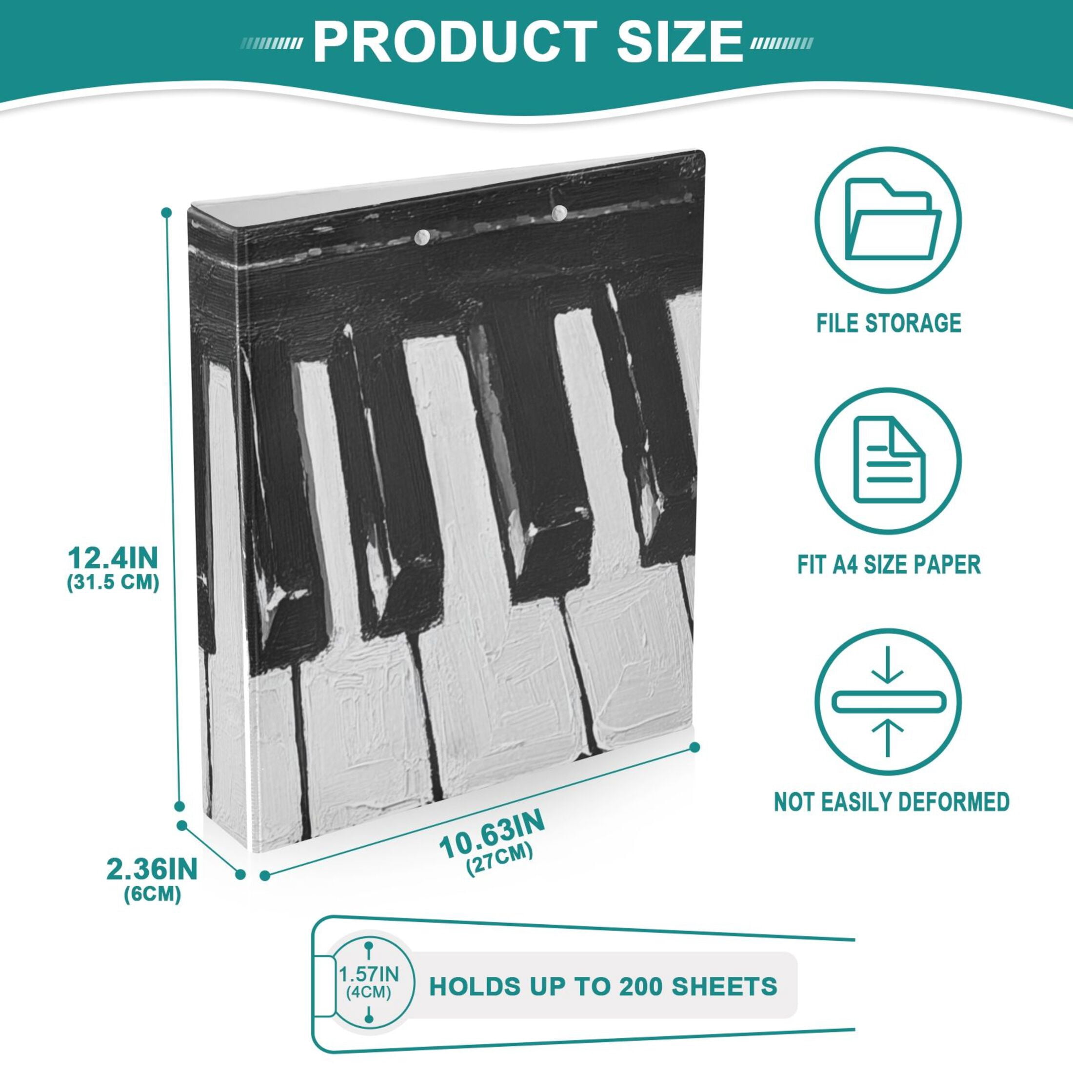 Piano Keys 3 Ring Binders 1.5 inch Hardcover File Folders with Interior Pockets A4 Size Organizer for School Office Hospital