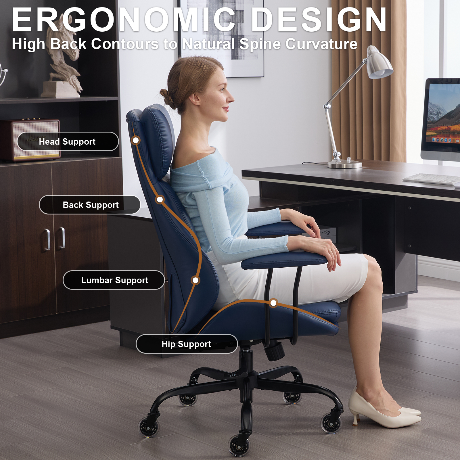 E-Motie Home Office Desk Chair, Ergonomic Computer Chair with Lumbar Support and Head Support, High Back Office Chair with Armrests, Adjustable Height, Rubber Casters, Blue Leather