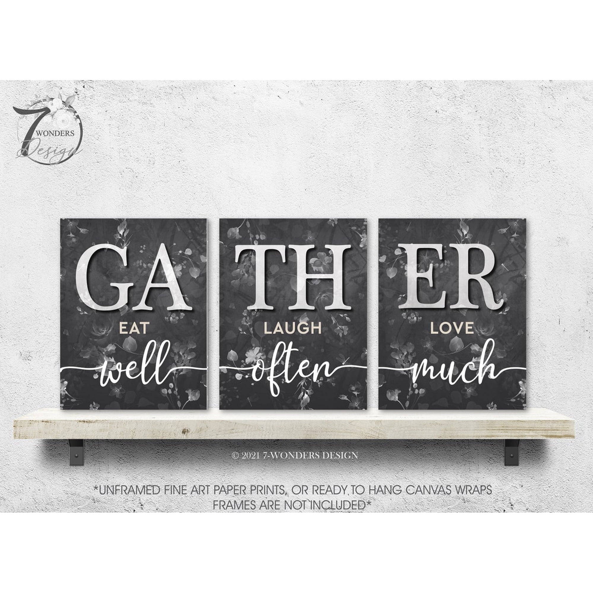 Farmhouse Kitchen Wall Art Prints Gather Eat Well Laugh Often Love Much Neutral Gray Decor Set of (3)es Poster Only