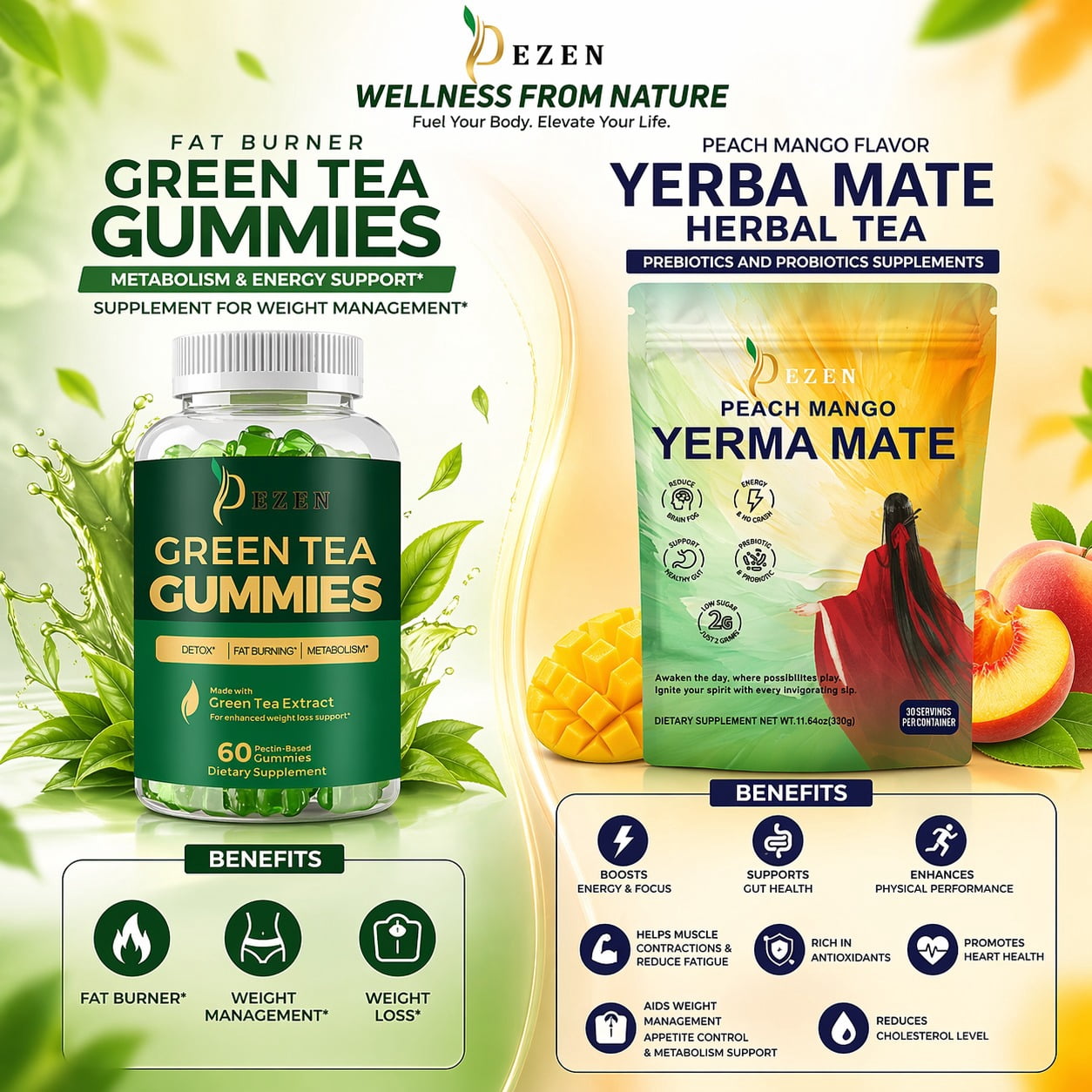 Yerba Mate Drink Mix Powder (Peach Mango) + Green Tea Gummies (Apple) Combo Pack, Energy, Focus & Wellness Support, 30 Servings
