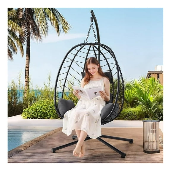 Hanging Egg Chair with Stand - Outdoor Indoor Wicker Rattan Egg Chair, 350lbs Capacity, Cushioned Headrest, Patio Furniture for Balcony, Porch, Bedroom - Dark Gray