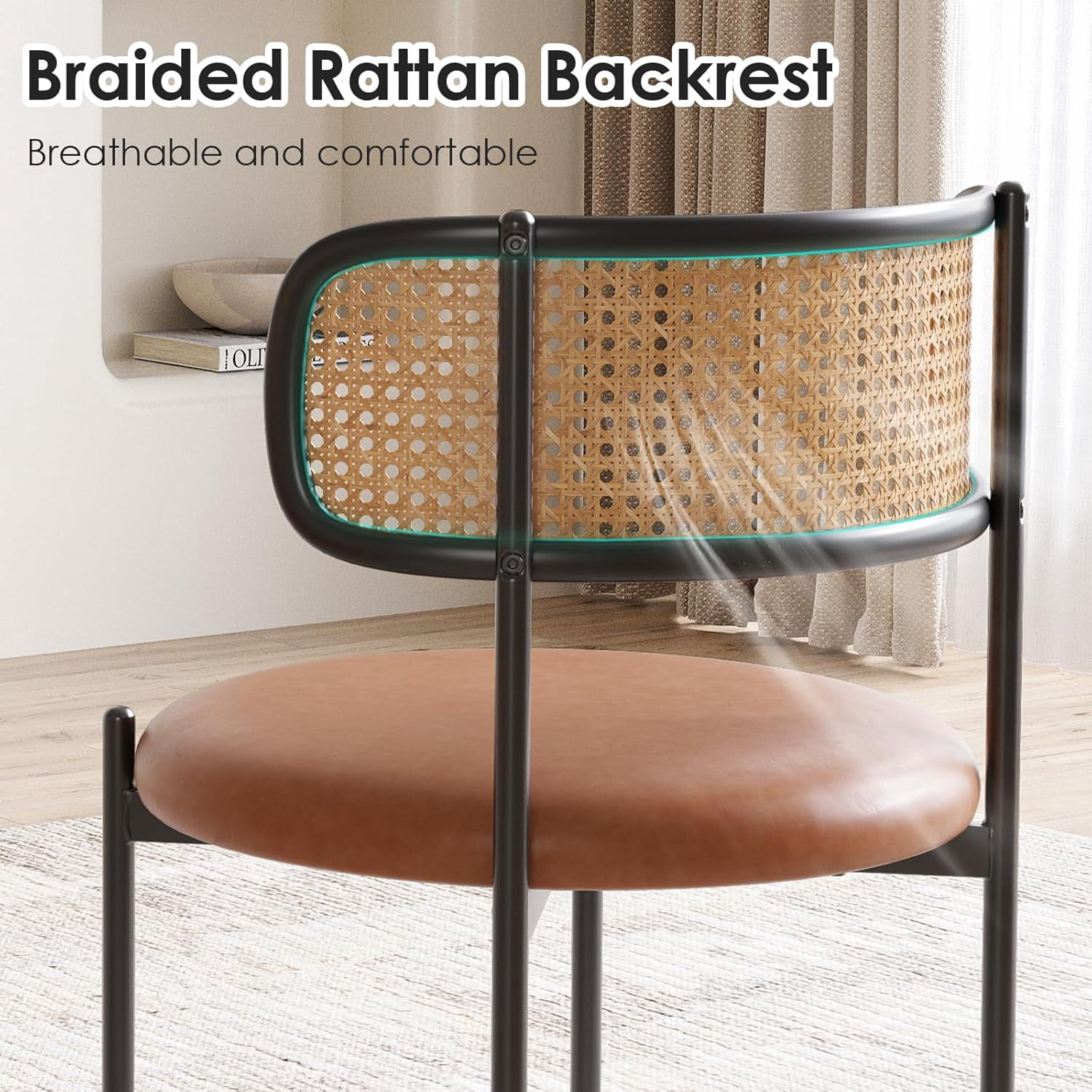 Farini Dining Chairs Set of 4, Upholstered PU Leather & Woven Rattan Side Chairs with Metal Legs for Kitchen, Dining Room, or Cafe, Brown