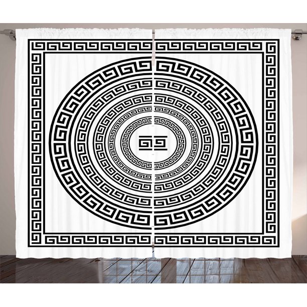 Greek Key Curtains 2 Panels Set, Traditional Meander Border Set with